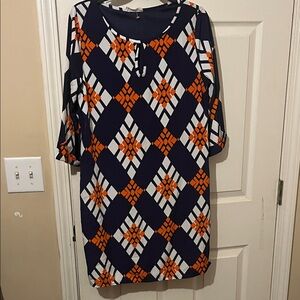 Peach Love California Navy and Orange Geometric Dress